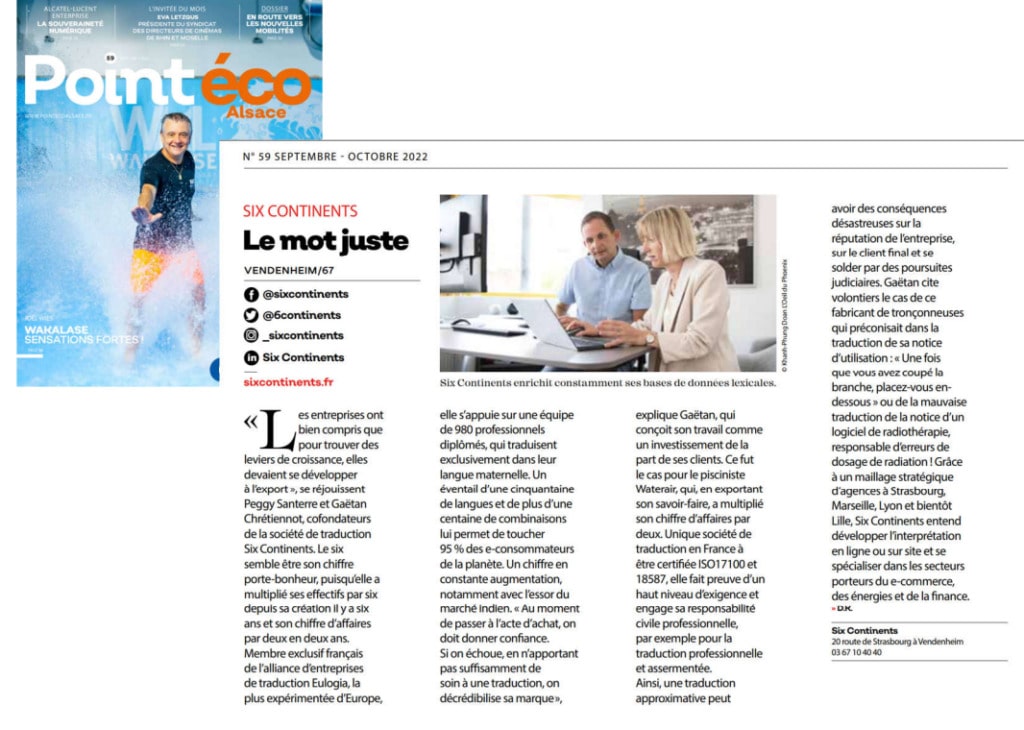 apparition de notre agence de traduction dans le point eco alsace